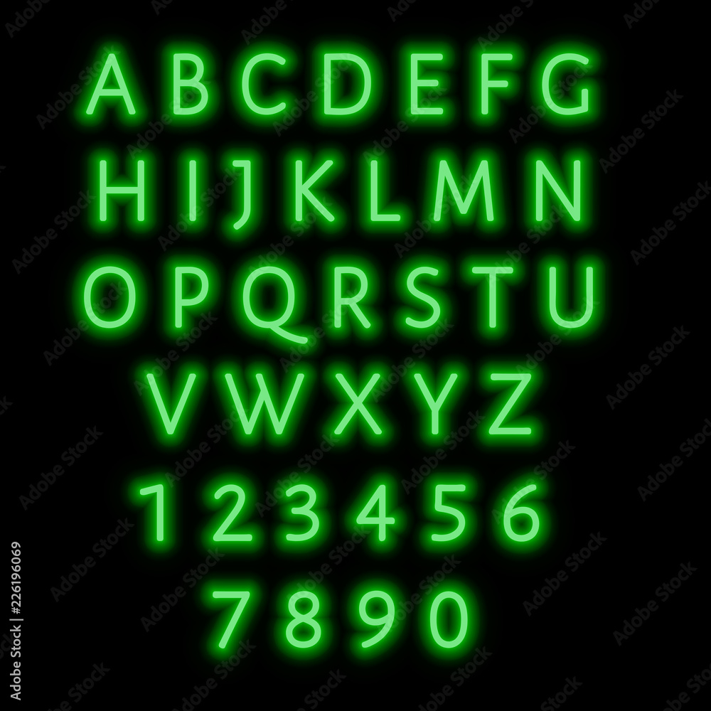 English alphabet and numbers. Neon style. English alphabet and numbers. Neon style.