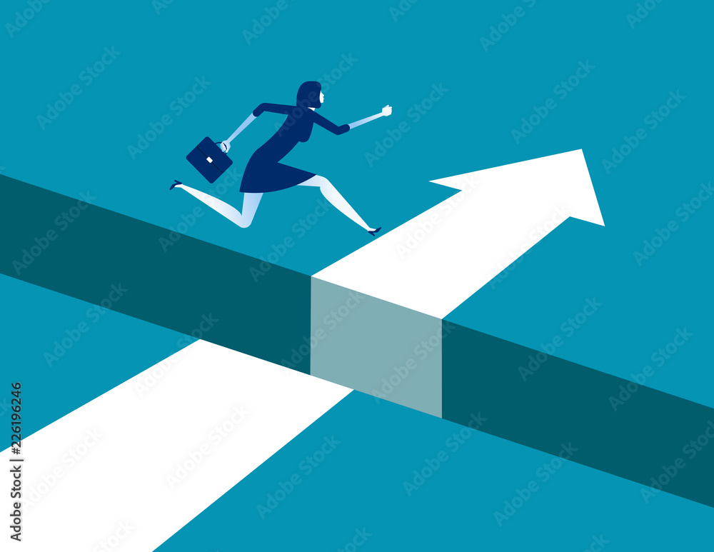 Businesswoman jumping over gap on way to success, Concept business ...