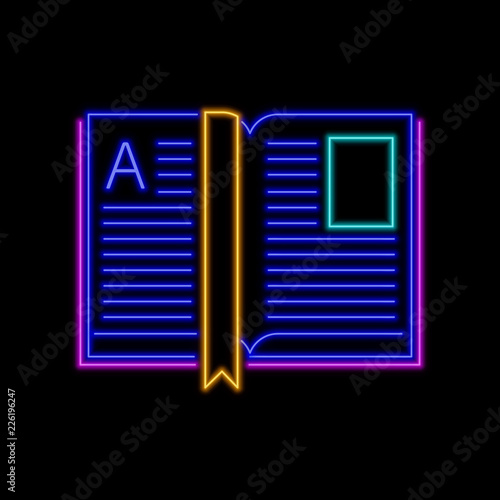 Open book neon sign. Bright glowing symbol on a black background.