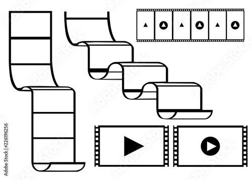 Digital monochrome film strip with play icon. Concept design for online player or cinema. Flat vertical strip. Vector illustration isolated on white background
