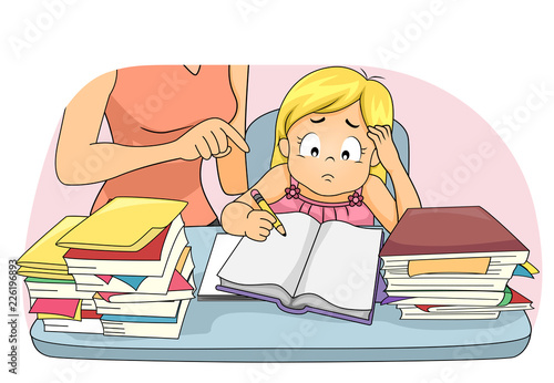 Kid Girl Difficult Study Mom Illustration