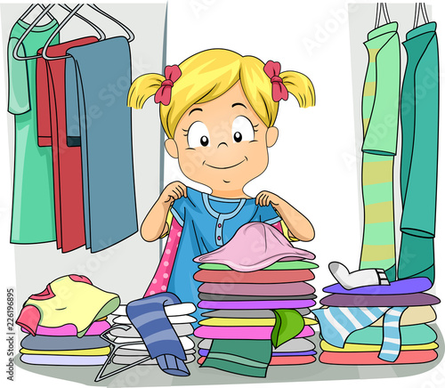 Kid Girl Choose Clothes Messy Illustration