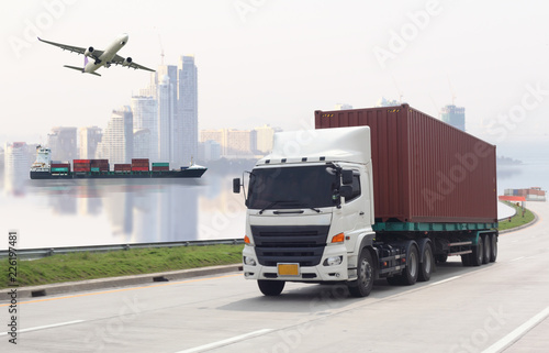 Transportation, import-export and logistics concept, container truck, ship in port and freight cargo plane in transport and import-export commercial logistic, shipping business industry