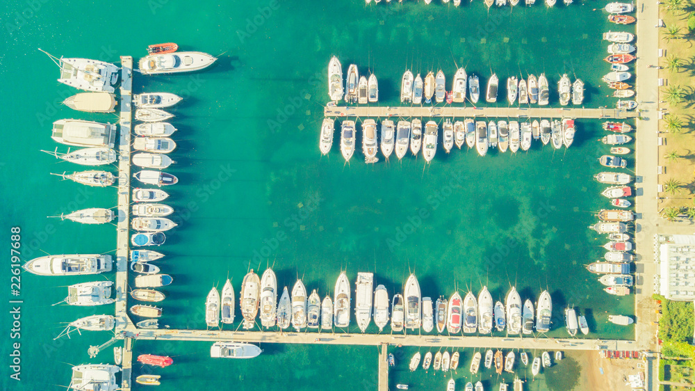 Old Town of with marina on Adriatic Sea, aerial view.