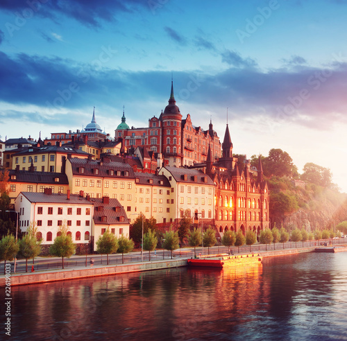 view at Stockholm at night in summer. Sunset with beautiful buildings in the capital of Sweden