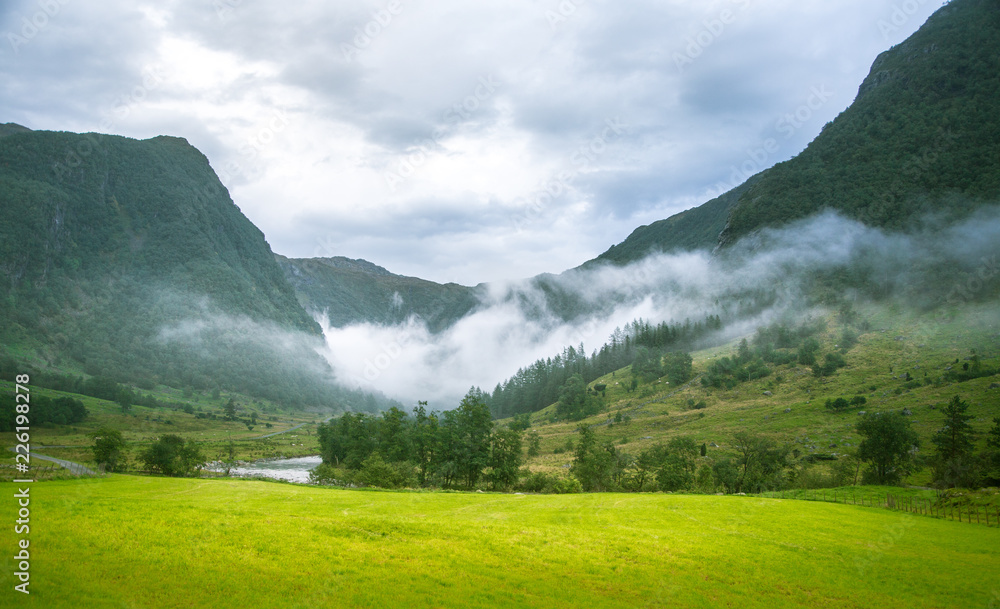 A beautiful green mountain valley near Rosendal in Norway. Autumn landscape in Folgefonna national park. Overcast day. - obrazy, fototapety, plakaty 