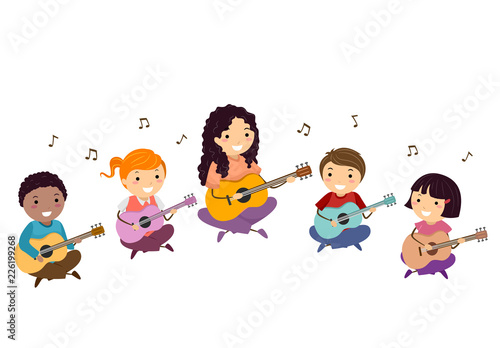 Stickman Kids Teacher Guitar Lesson Illustration