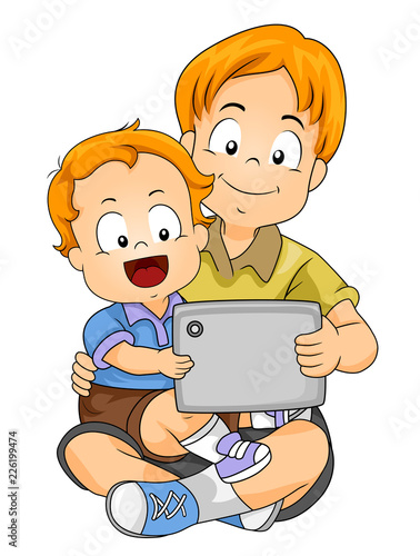 Kids Boy Baby Sit Brother Tablet Illustration