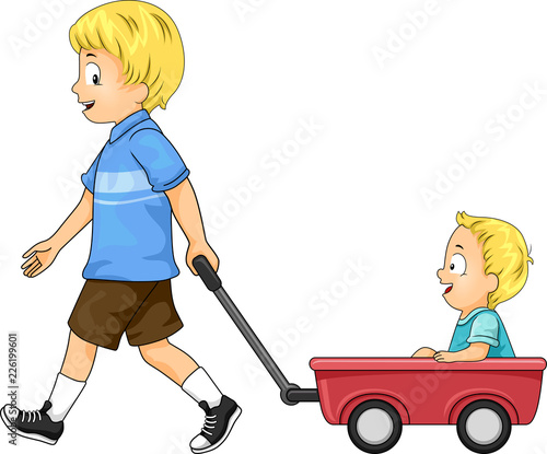 Siblings and Red Wagon