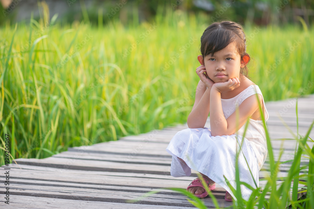 Asian cute girl relaxing sitting on the wooden bridge in the rice field on sun set with nature background. Asian cute girl relaxing sitting on the wooden bridge in the rice field on sun set with nature background.