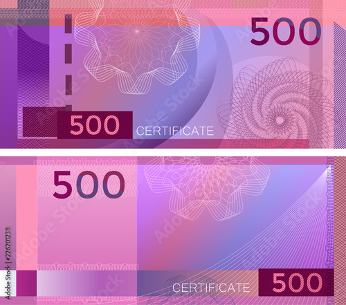 Voucher template banknote 500 with guilloche pattern watermarks and border. Purple background banknote, gift voucher, coupon, diploma, money design, currency, note, check, cheque, reward. certificate