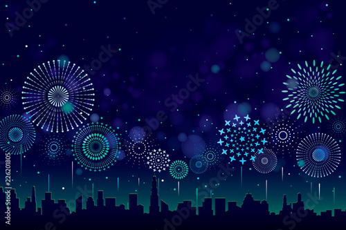 Vector illustration of a festive fireworks display with bokeh over the city background design.