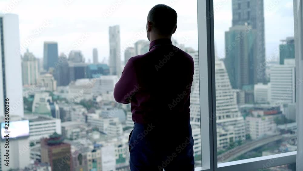 Successful businessman admire view from the office window, 4K
Successful businessman admire view from the office window, 4K