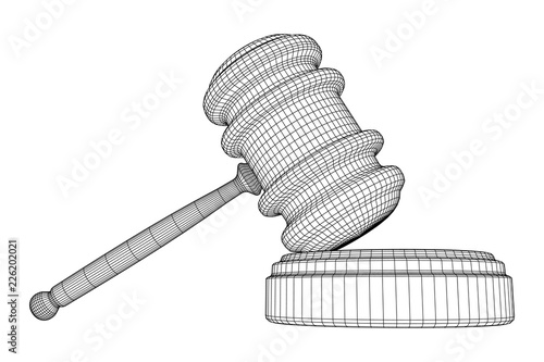 Gavel, hammer of judge or auctioneer. Wireframe low poly mesh vector illustration