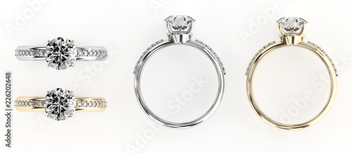 Gold And Silver Diamond Rings Isolated On White Background ,3D Illustration.