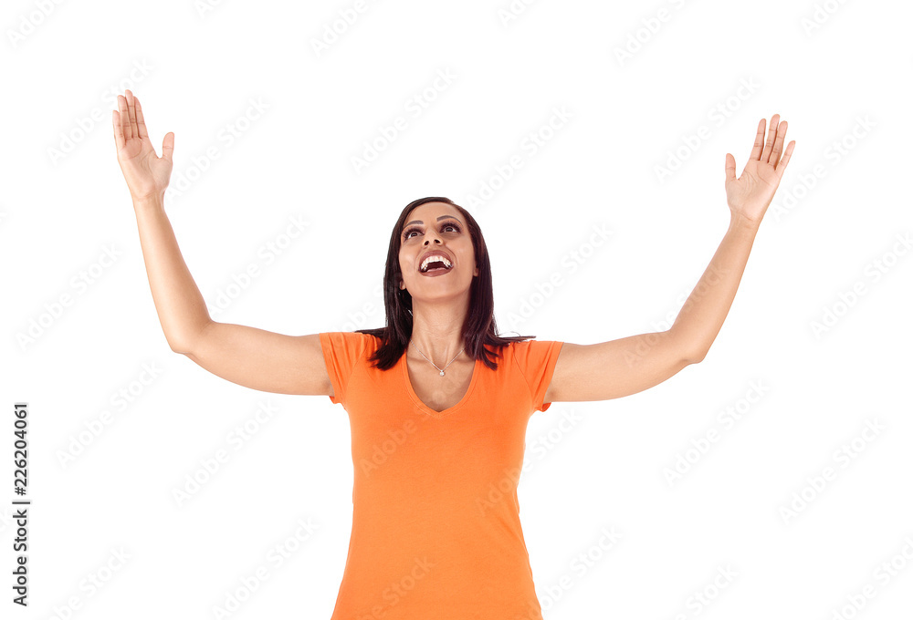 Woman raising her arms and screaming Woman raising her arms and screaming