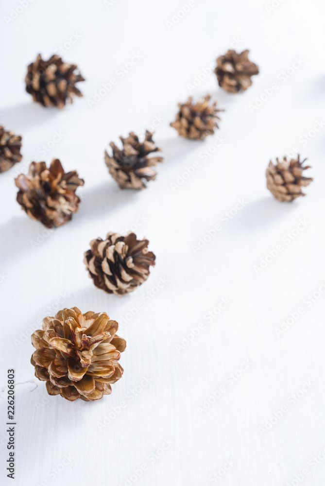 pine cones on white wood table, purity Christmas decoration pine cones on white wood table, purity Christmas decoration