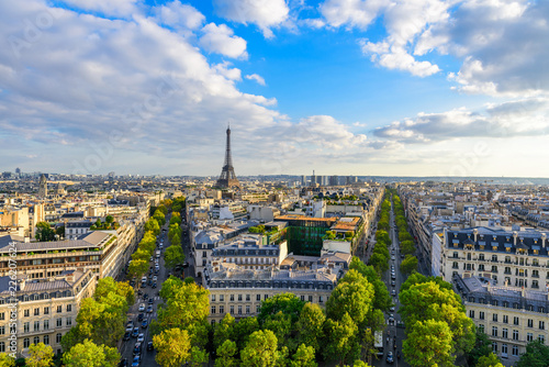 Beautiful view of Paris from the roof of the Triumphal Arch. Champs Elysees and the Eiffel Tower © samael334