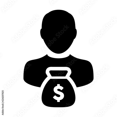 Bank icon vector male user person profile avatar with dollar sign currency money bag symbol for banking and finance business in flat color glyph pictogram illustration