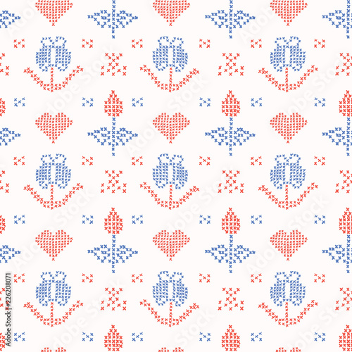 Hand Drawn Embroider Tulip Stitches Seamless Vector Pattern. Cross Stitch Illustration for Summer Fashion Prints, Christmas Gift Wrap, Trendy Craft Packaging or Retro Home Sweet Home Design