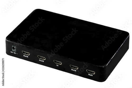 Black HDMI digital video four port splitter on white background.