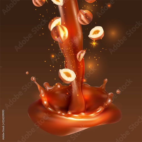 Vector 3D realistic illustration, splashes of chocolate with falling piece of hazelnuts.