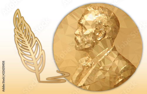 Nobel Literature award, gold polygonal medal and pencil symbol
 photo