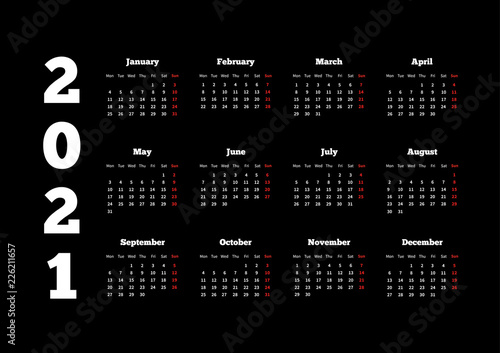 Calendar of 2021 year with week starting from monday, A4 sheet on dark background