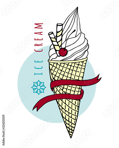 Ice cream cone. Sweet dessert with wafer tubules and ribbon. Hand drawn vector illustration.