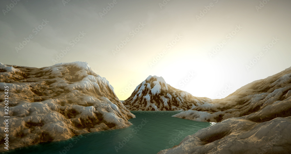 Extremely detailed and realistic high resolution 3d illustration of a mars like landscape with water