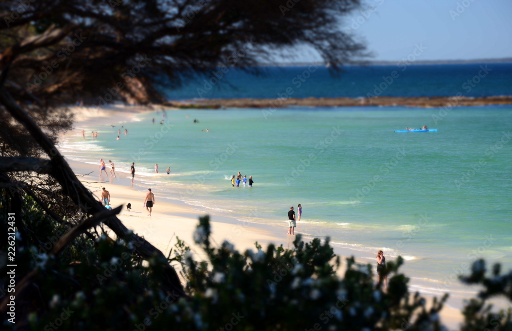 People enjoy the white sands and aqua waters. Hyams Beach is a seaside village in the Shoalhaven on the shores of Jervis Bay.