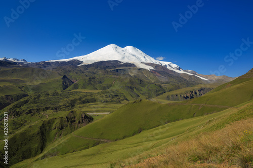 Snow on two peaks of Mount Elbrus. North Caucasus in Russia.