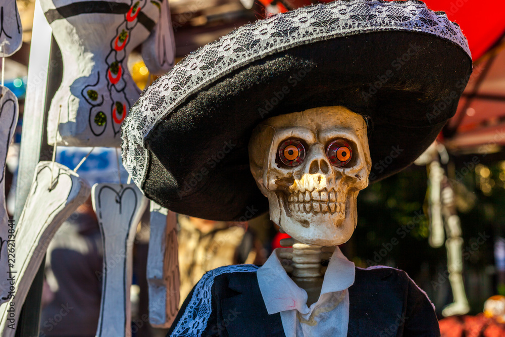 Skeleton mannequin wearing sombrero, decoration for Dia de los Muertos/Day  of the Dead Stock Photo | Adobe Stock