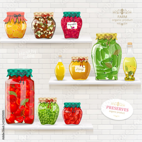 Delicious and healthy preserved food on shelves