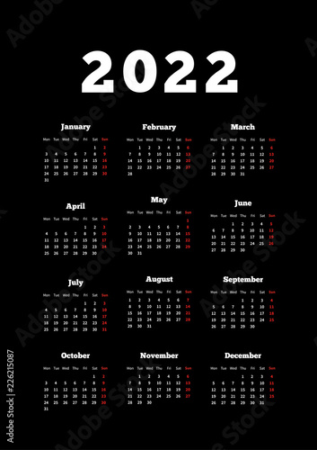 Calendar on 2022 year with week starting from monday, A4 size vertical sheet on dark background