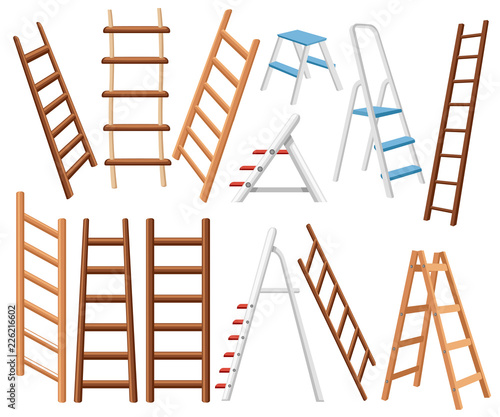 Collection of metal and wooden ladders. Different types of stepladders. Flat vector illustration isolated on white background