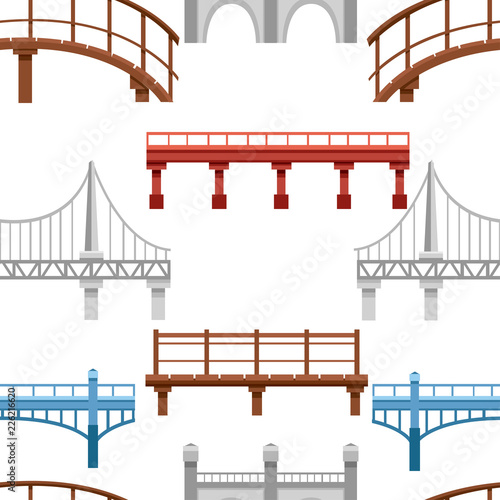 Seamless pattern. Collection of different bridges. City architecture flat icon. Vector illustration on white background