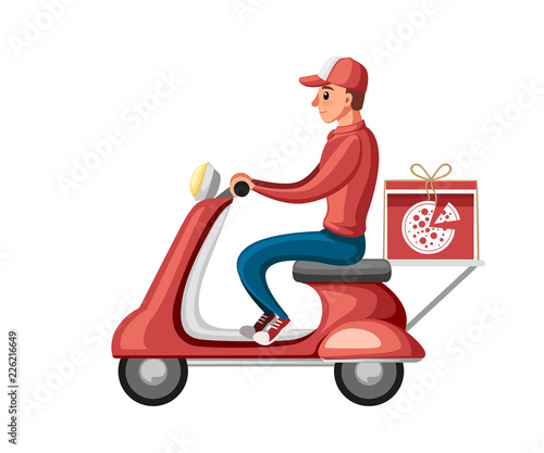 Smiling pizza delivery courier. Food courier on red retro scooter with trunk case box. Pizza delivery. Cartoon character design. Flat vector illustration isolated on white background
