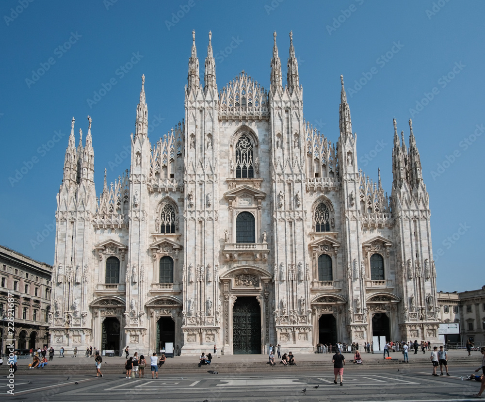 Milan, Italy - September 13, 2018 - Tourists on the square in front of the Milan Cathedral.