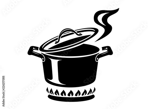 Cooking saucepan with steam icon, simple style