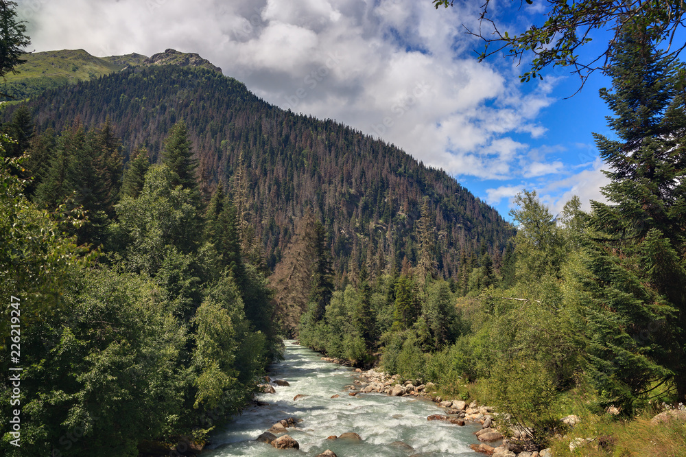 Mountain river with a rapid flow in the Caucasus Range .. Mountain river with a rapid flow in the Caucasus Range ..
