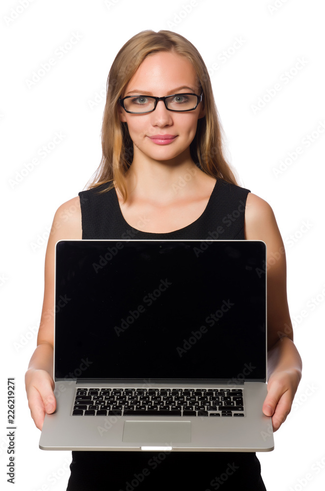Woman with laptop isolated on white Woman with laptop isolated on white