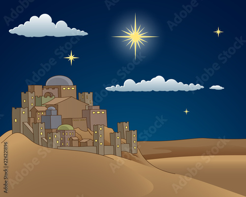 A Christmas nativity scene cartoon, with the City of Bethlehem and the star above. Christian religious illustration.