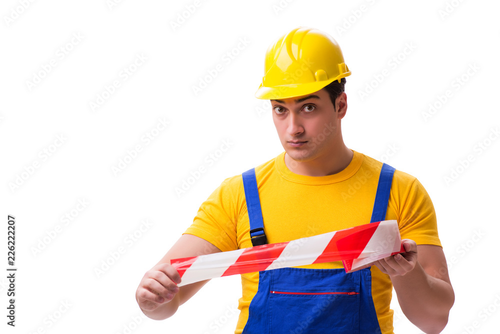 Funny worker wearing coveralls with tape Funny worker wearing coveralls with tape