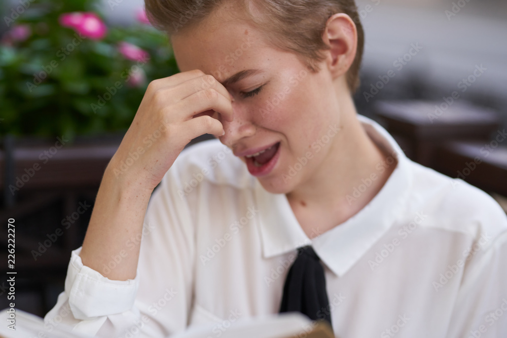 business woman in cafe crying emotions business woman in cafe crying emotions