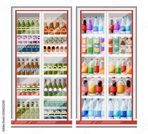 Refrigerator for drinks. Fridge full of bottles of water. Different colored bottles in drinks fridges. Flat vector illustration isolated on white background