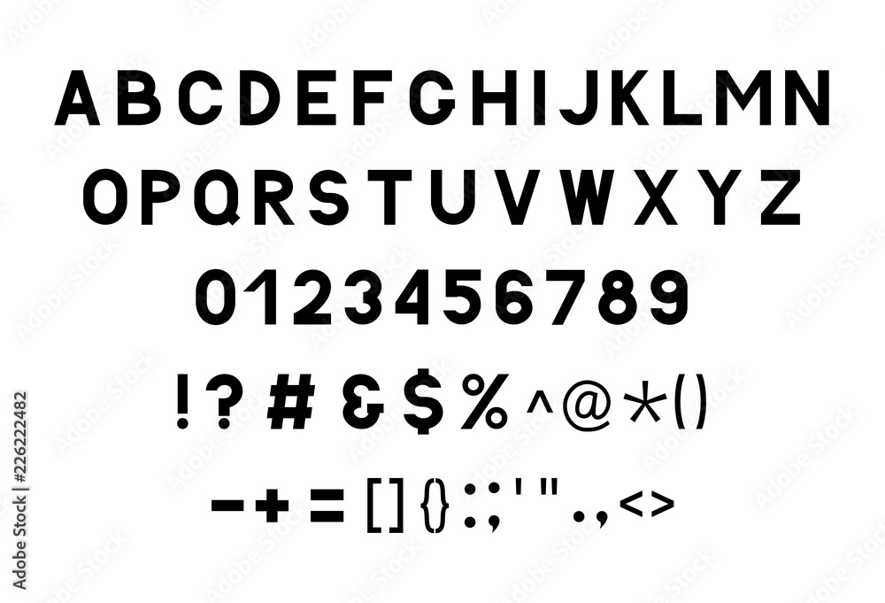 Minimalist vector alphabet. Letters A-Z, numbers 0-9 and punctuations isolated on white. Sans serif font. Latin uppercase symbols. Minimalist vector alphabet. Letters A-Z, numbers 0-9 and punctuations isolated on white. Sans serif font. Latin uppercase symbols.