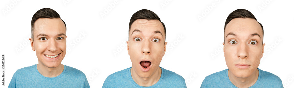 Set of portraits of young guy with different emotions isolated on a white background. Set of portraits of young guy with different emotions isolated on a white background.
