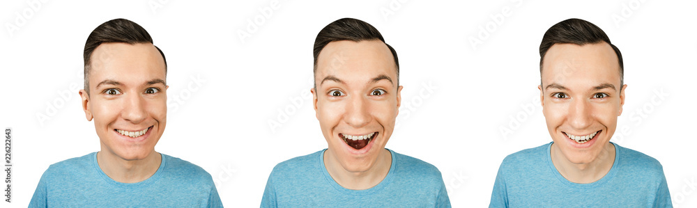 Set of portraits of young guy with different emotions isolated on a white background. Set of portraits of young guy with different emotions isolated on a white background.