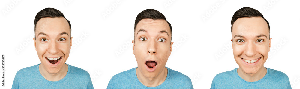 Set of portraits of young guy with different emotions isolated on a white background. Set of portraits of young guy with different emotions isolated on a white background.